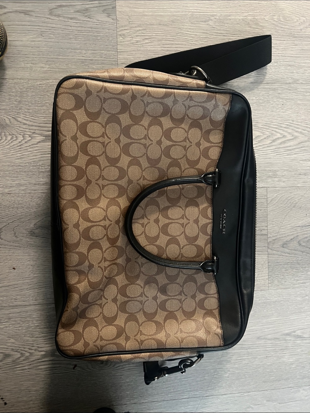 Coach Brown Signature Canvas Laptop Bag with Black Trim